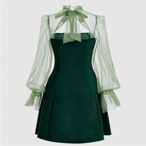 Elegant Green Sheer Overlay Dress